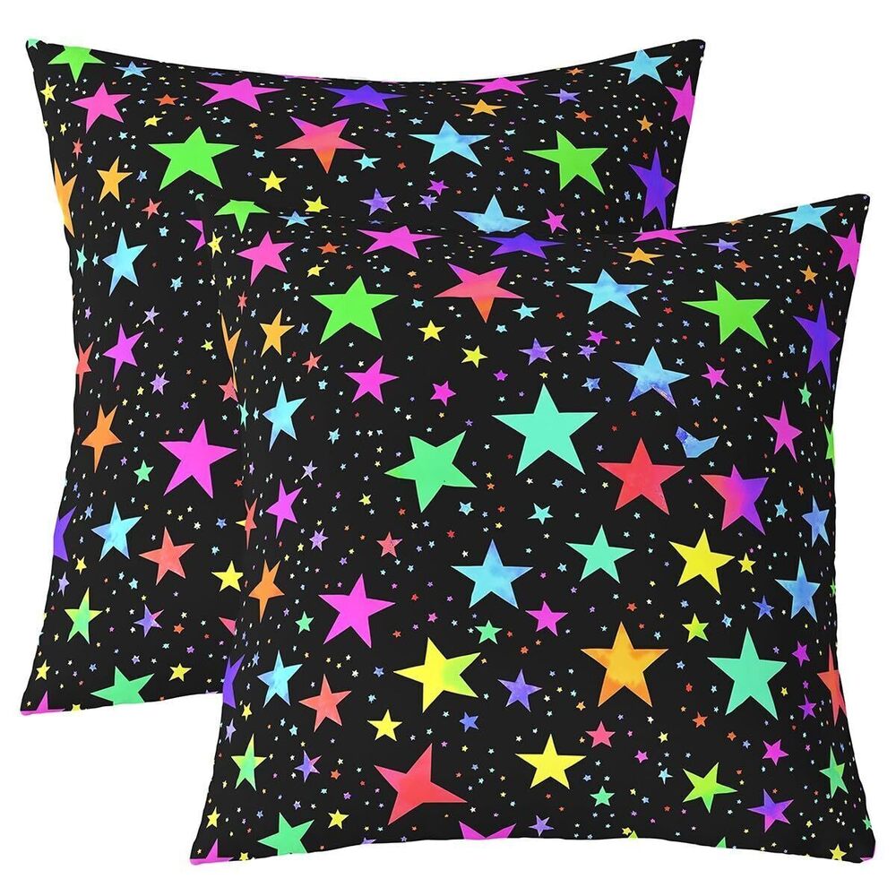9827 Kawaii Glitter Stars Set of 2 Throw Pillow Covers 18x18 Inch Rainbow